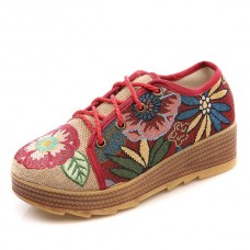 Embroidered Flower Platform Lace Up Folkways Casual Shoes