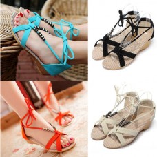 Flat Heel Casual Beaded Lacing Gladiator Small Wedges Shoes