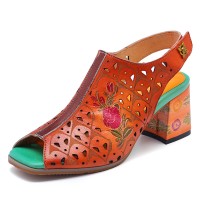 SOCOFY Handmade Floral Pattern Hollow Genuine Leather Heeled Sandals