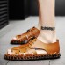 Men Open Toe Genuine Leather Sandals Adjustable Elatic Slip On Breathable Shoes