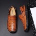 Men Breathable Hollow Outs Genuine Leather Hook Loop Oxfords Casual Shoes