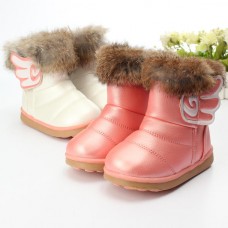 Children Girls Real Rabbit Fur Pu Leather Shoes Winter Warm Snow Boots